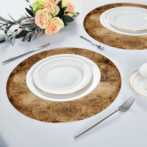Round Placemat Set of 6 with World Map Design - Heat Resistant & Washable