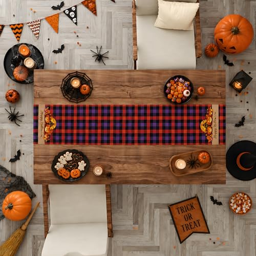Halloween Checkered Table Runner with Spooky Design - Fall Kitchen Decor - Halloween Party Favors - Variation: Halloween Plaid