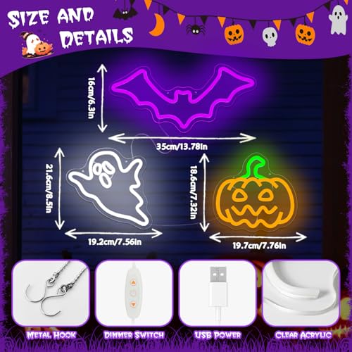 Halloween Neon Sign 3-Piece Set Dimmable Pumpkin Bat Ghost LED Decorations - Halloween3pcs
