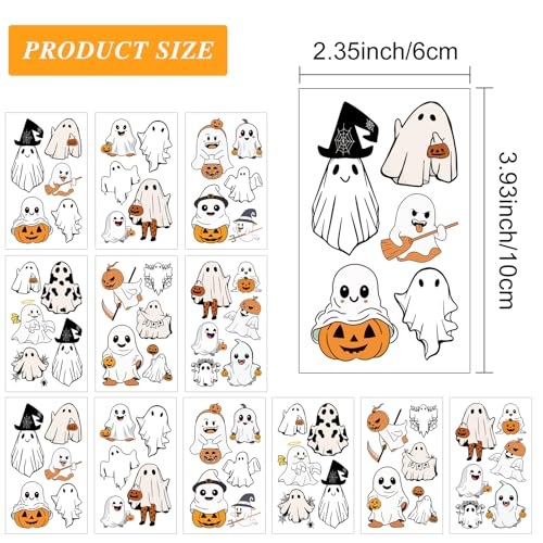 Glow in the Dark Halloween Ghost Tattoos - 12 Sheets, Waterproof & Long Lasting