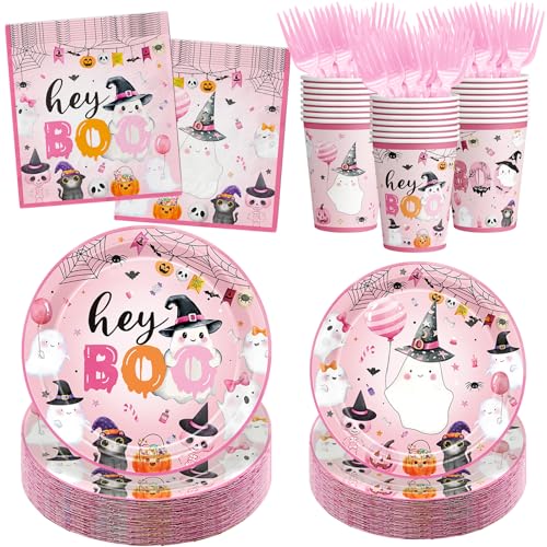 Pink Halloween Ghost Plates and Party Supplies Set for Girls Night & Birthday