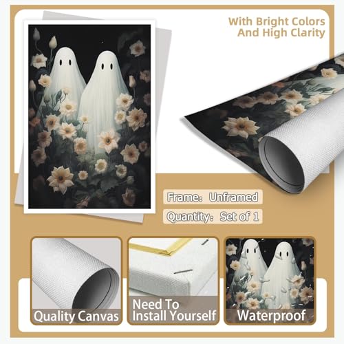 16x12 Ghost Wildflowers Halloween Wall Art Canvas Unframed - Dark Academia Decor
