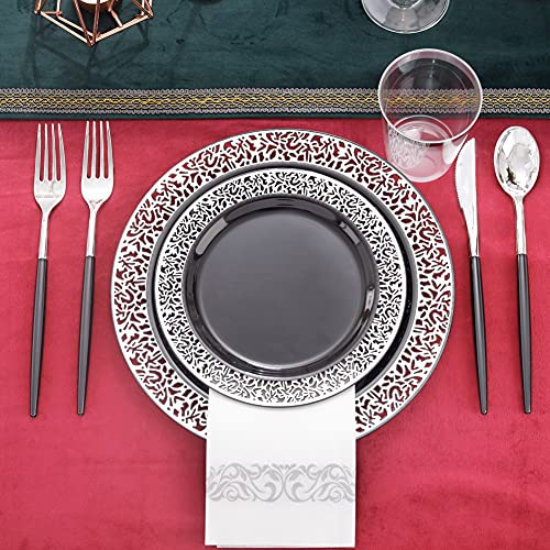 Black Silver Lace Plastic Dinnerware Set for Wedding and Events - 350 Pieces, Variation: Black and Silver