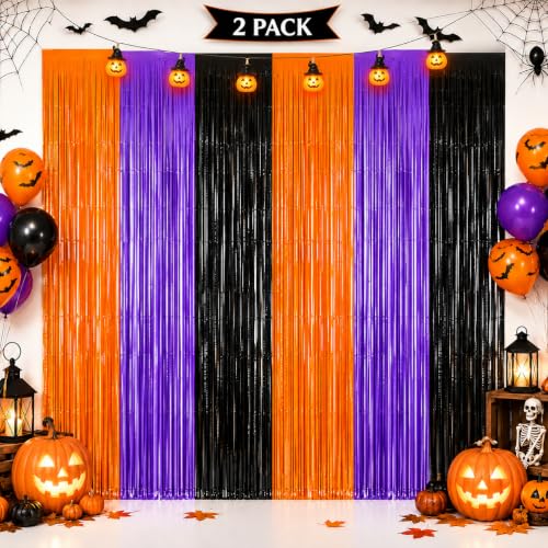 Halloween Decorations Tinsel Backdrop Set - Orange Purple Black, 2 Pack