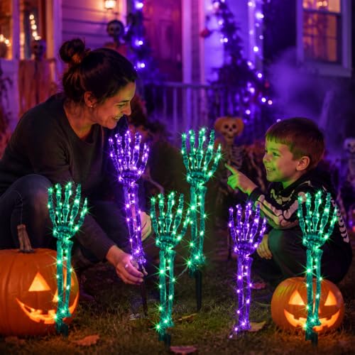 Halloween Skeleton Arm Stakes with LED Lights - Purple & Green, 36x27.5cm