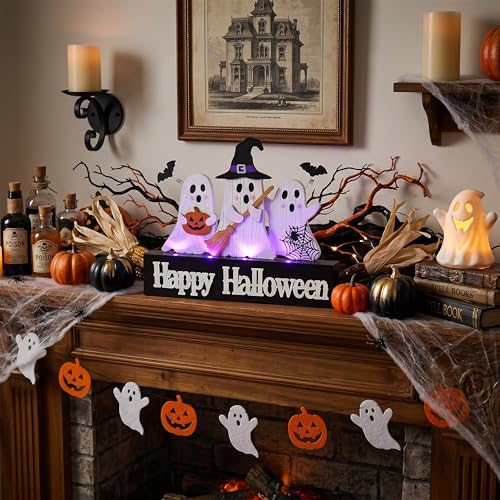 Large Halloween Ghost Decor with Purple LED Lights - Tabletop Sign with Witch Hat Broom Bats Jack O Lantern, Indoor Home Party Halloween Decoration
