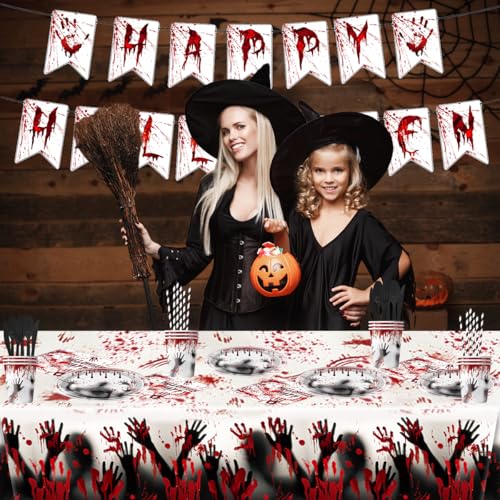 Halloween Bloody Tableware Set with Plates Cups Napkins & Banner - 107 Pieces