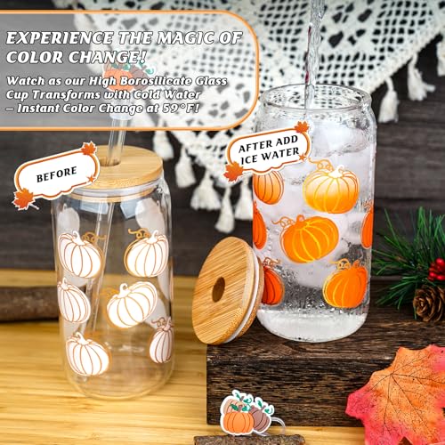 Autumn Color Changing Pumpkin Glass Cups Set with Lids & Straws - 2 Pack