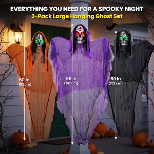 Giant Hanging Skeleton Ghost Decorations - 3 Pack Outdoor Halloween Yard & Porch Decor