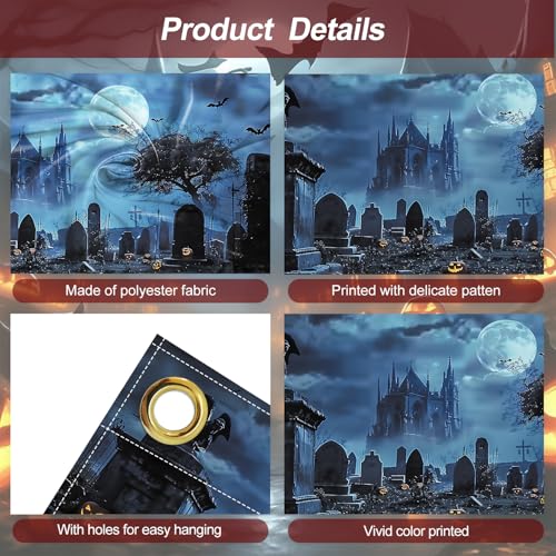 Halloween Garage Door Banner - Haunted Graveyard with Pumpkins, Bats & Full Moon - 6x13FT - Spooky Outdoor Decoration - Variation #3
