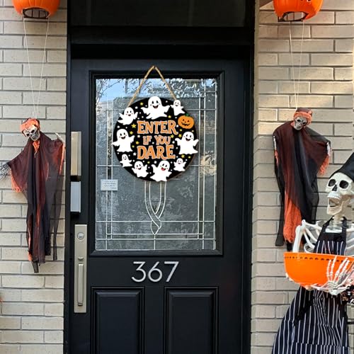 Halloween Wall Decor Sign - Enter If You Dare Wooden Ghost & Pumpkin Set