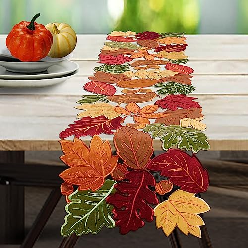 Fall Harvest Table Runner 54 Inch with Embroidered Maple Leaves - Coffee, 13" W