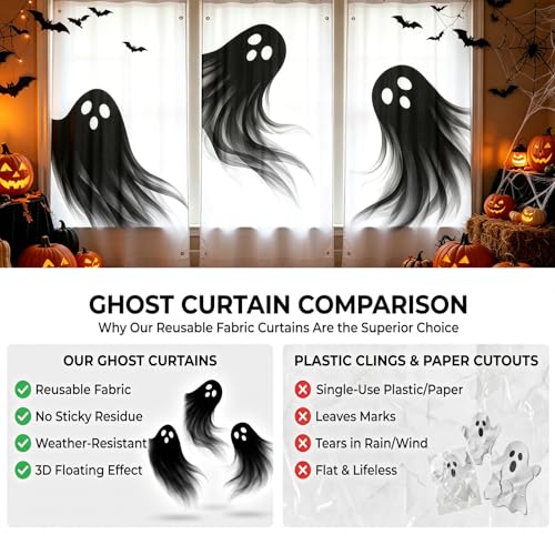 Halloween Ghost Fabric Window Decorations - 3 Pieces Large Static Cling Set for Haunted House & Party