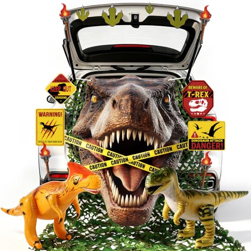 Halloween Dinosaur Trunk or Treat Car Decorations Set - 17 Pcs with Inflatable Dinosaurs & Warning Tape