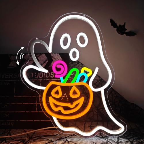 Waving Ghost Halloween Neon Sign - Candy Basket Halloween Decor - Dimmable LED Night Light