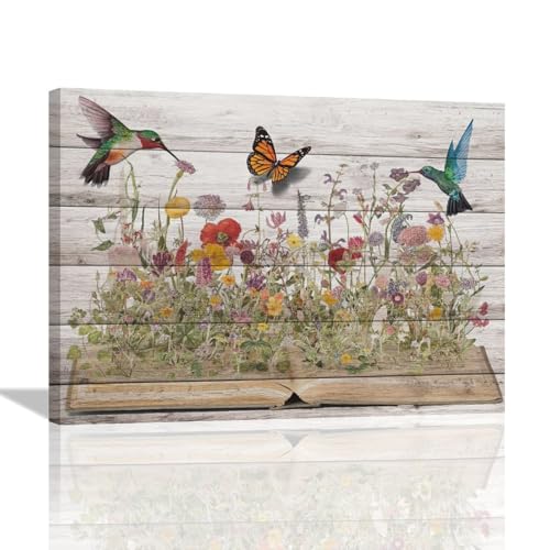 Rustic Hummingbird Wall Art Canvas Print - Farmhouse Flower Butterfly Decor, 16x12 Inches - Hummingbird Flowers Variation