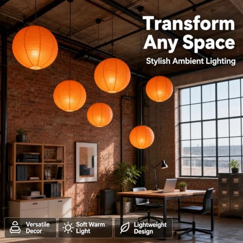 Orange Chinese Paper Lanterns with LED Lights - 12 Inch, 10 Pack - Indoor/Outdoor Decor