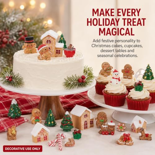 Christmas Gingerbread Mini Figurines Set - 36 Tiny Resin Decorations - Gingerbread House, Trees, Reindeer & More - Variation: Christmas Gingerbread