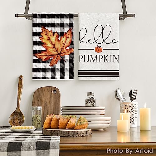 Buffalo Check Pumpkin Fall Kitchen Towels Set of 4 - Absorbent & Durable 18x26 Inches