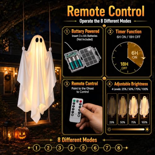 Large 5FT Hanging Ghost Decor with Remote Lights for Halloween Outdoors