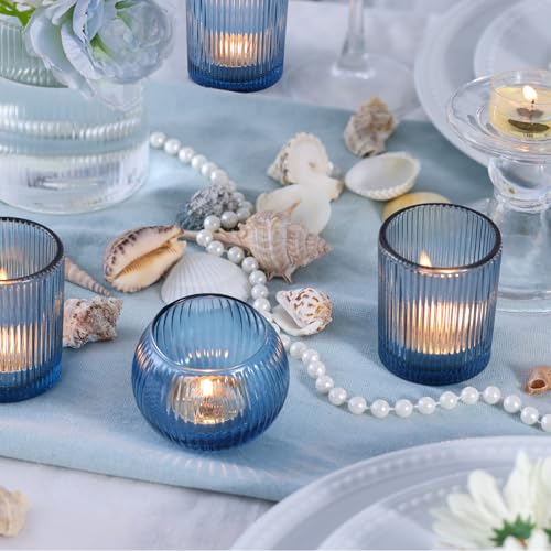 30 Pcs Blue Ribbed Glass Votive Candle Holders Set - Assorted Shapes for Home & Events