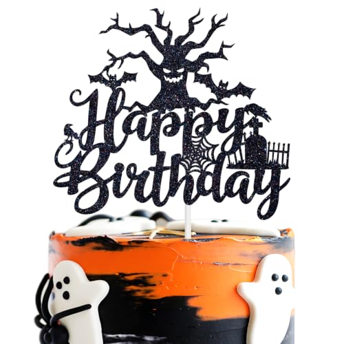 Halloween Happy Birthday Cake Topper - Spooky Zombie & Bat Decor - Black Glitter, 5.9 inches
