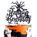 Halloween Happy Birthday Cake Topper - Spooky Zombie & Bat Decor - Black Glitter, 5.9 inches