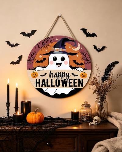 Halloween Wooden Door Sign - Spooky Ghost Pumpkin Bats Decor 12x12 Inches