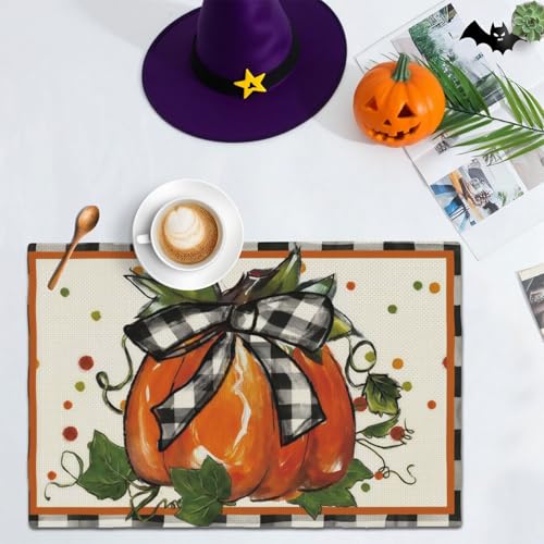 Autumn Pumpkin Buffalo Plaid Placemat Set of 4 - Fall Garden Linen Table Mats E