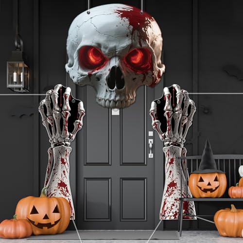 Halloween Skull Door Banner Set with Bloody Skeleton Garlands - Gothic Porch Decorations for Haunted House & Party