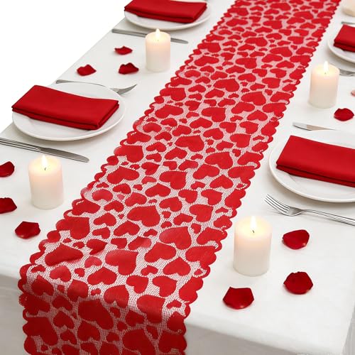 Red Lace Valentine Table Runner 14x72 Inch for Thanksgiving & Holiday Decor