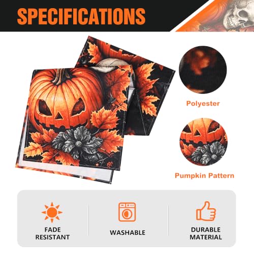 Halloween Gothic Skull & Pumpkin Table Runner 13x72 Inch - Fall Leaf & Horror Decor - Variation: Skull Pumpkin