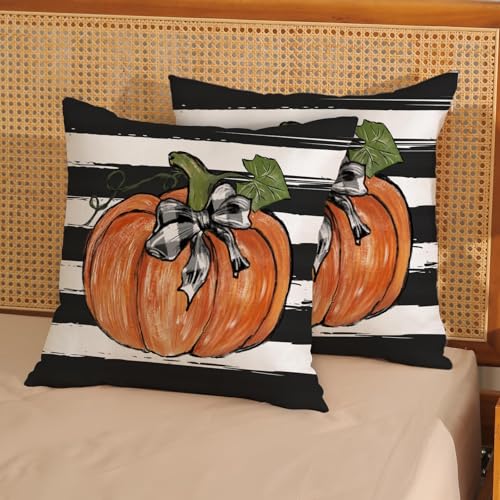 Watercolor Pumpkin Fall Pillow Covers Set of 2 22x22 Inches Black Stripes Halloween Decor