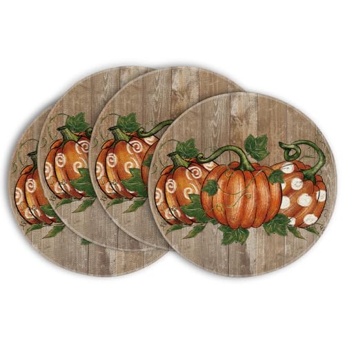Round Wood Pumpkins Fall Placemats Set of 4 - 14 Inch - Artoid Mode