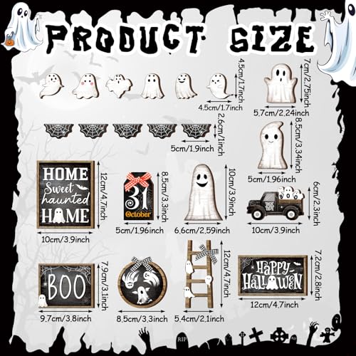 Halloween Wooden Tiered Tray Decorations Set Ghost Black & White - MiniInflat