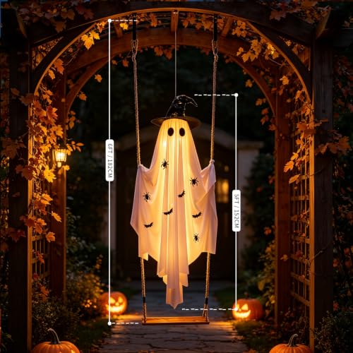 White Lighted Swing Ghost Halloween Decoration - 5FT Outdoor Hanging Ghost with Wooden Swing, 30 LED Lights & Remote