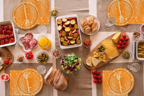 72 Pcs Orange Glitter Paper Plates Set 7in Disposable Dinnerware - Glitter / Orange Glitter
