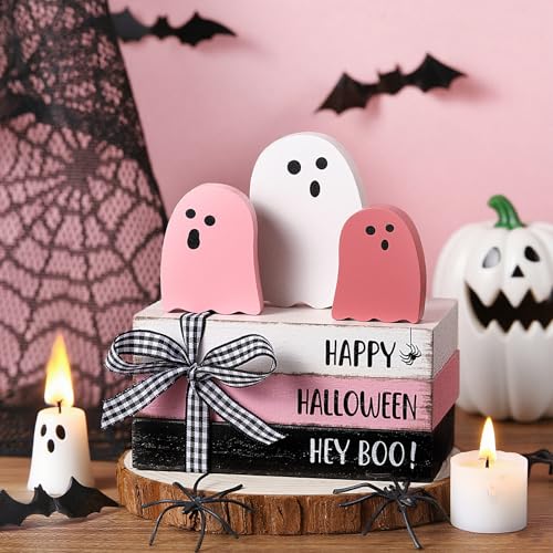 Pink Ghost Halloween Table Decor Set - 3 Wooden Signs & 3 Decorative Books - Pastel Pink Holiday Accent with 'Happy Halloween' Phrase