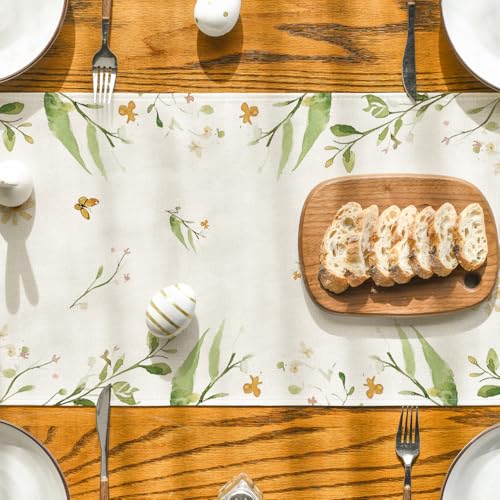 Easter Table Runner 13x48 Inch Bunny Rabbit Butterfly Eggs Flowers Seasonal Decor Beige
