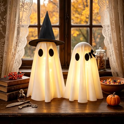 2-Pack Indoor Light-Up Ghost Halloween Decorations with Witch Hats - Spooky & Cute