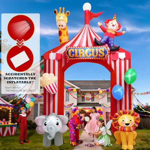 10FT Circus Party Inflatable Arch Outdoor Decoration with LED Lights - Red & White Tent Design, Animal Motifs, Easy Setup