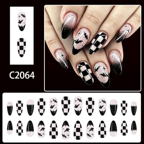 Halloween Black Goth Press On Nails with Bat Checkered Design - Variation 34