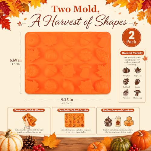Autumn Silicone Molds - Maple Leaf, Pumpkin, Acorn & Mushroom Shapes for Halloween & Thanksgiving Baking
