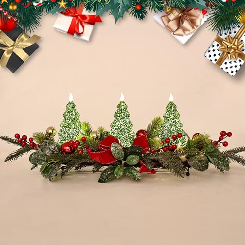 Green Christmas Table Centerpiece with LED Lights, Holiday Tree Decor