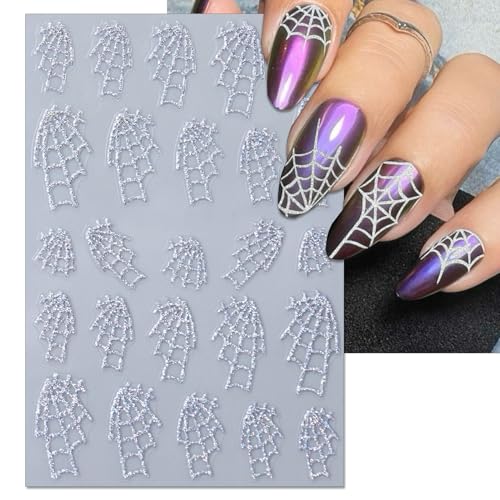 Halloween Nail Art Stickers - Silver Glitter Spider & Web Decals, 6 Sheets