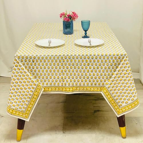 Ridhi Vintage Yellow Hand Block Print Cotton Dining Tablecloth 160x72 Rectangular