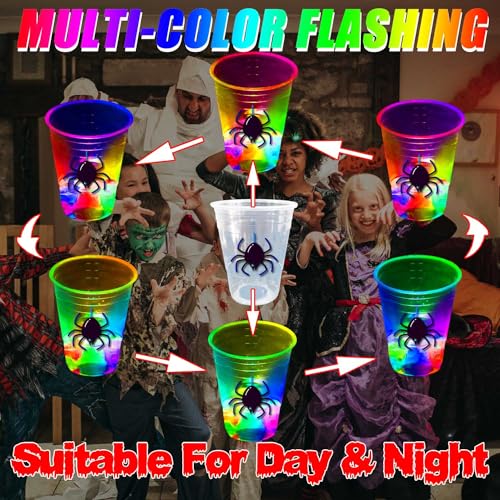 40 Pcs Glow in The Dark Halloween Party Cups - Pumpkin Bat Ghost Theme, 16oz Plastic Drinkware with LEDs & Stickers - Mishunyus