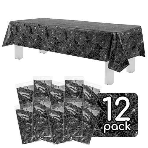 Halloween Spider Web Tablecloth 54x108 Inches - 12 Pack Black Plastic Disposable