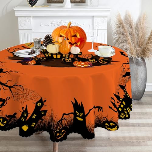 Halloween Round Tablecloth 70 Inch - Orange Table Cover for Parties - Variation: Orange Castle