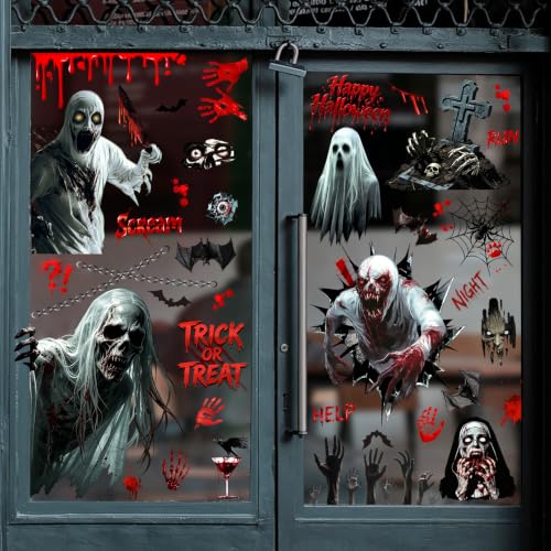 Halloween Window Clings - Scary Bloody Zombie Handprints & Bat Decals - Ghost Variation